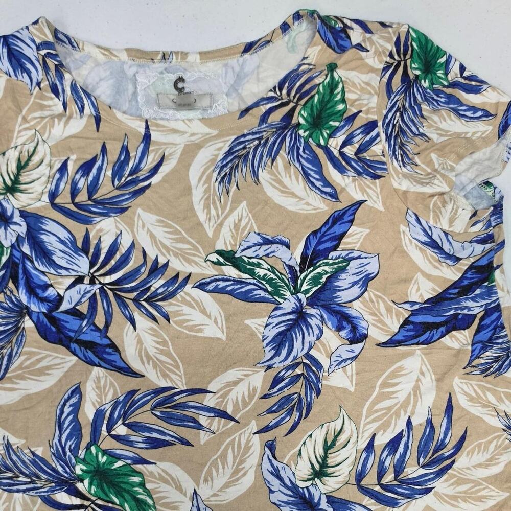 Cupio XL Tropical Floral Print Short Sleeve Top Blue Green Beige